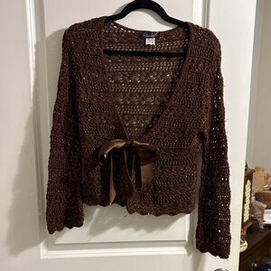 Chocolate Brown with gold specs Open-Knit Cardigan with Ribbon Tie petite large